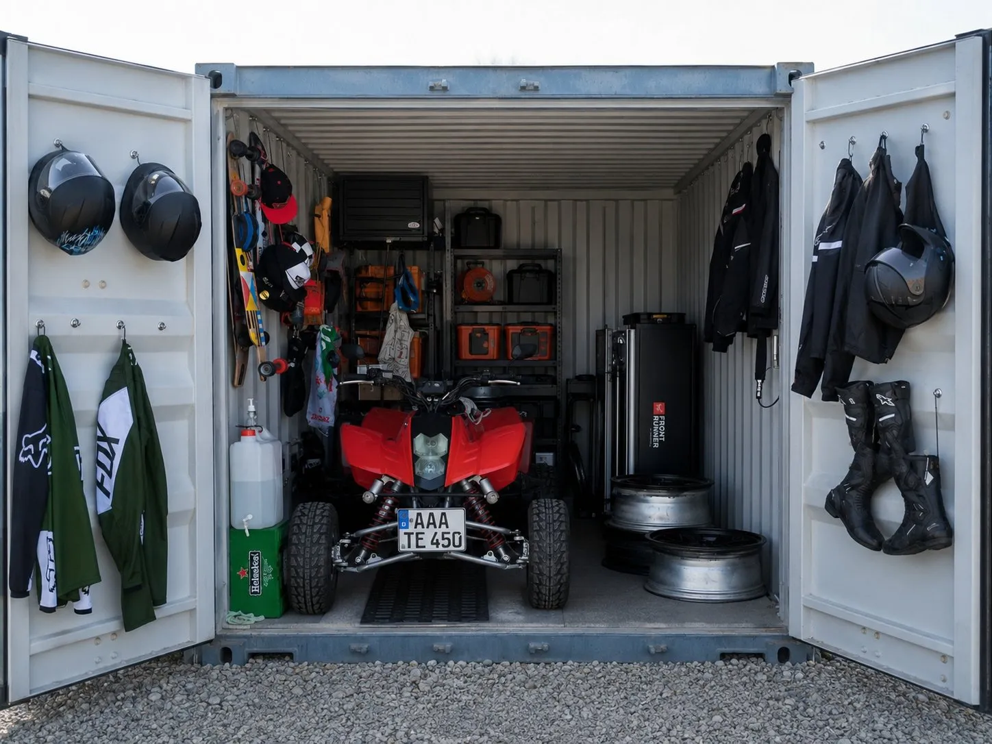 Quad mit Hobby-Equipment und Werkzeug im Lagercontainer