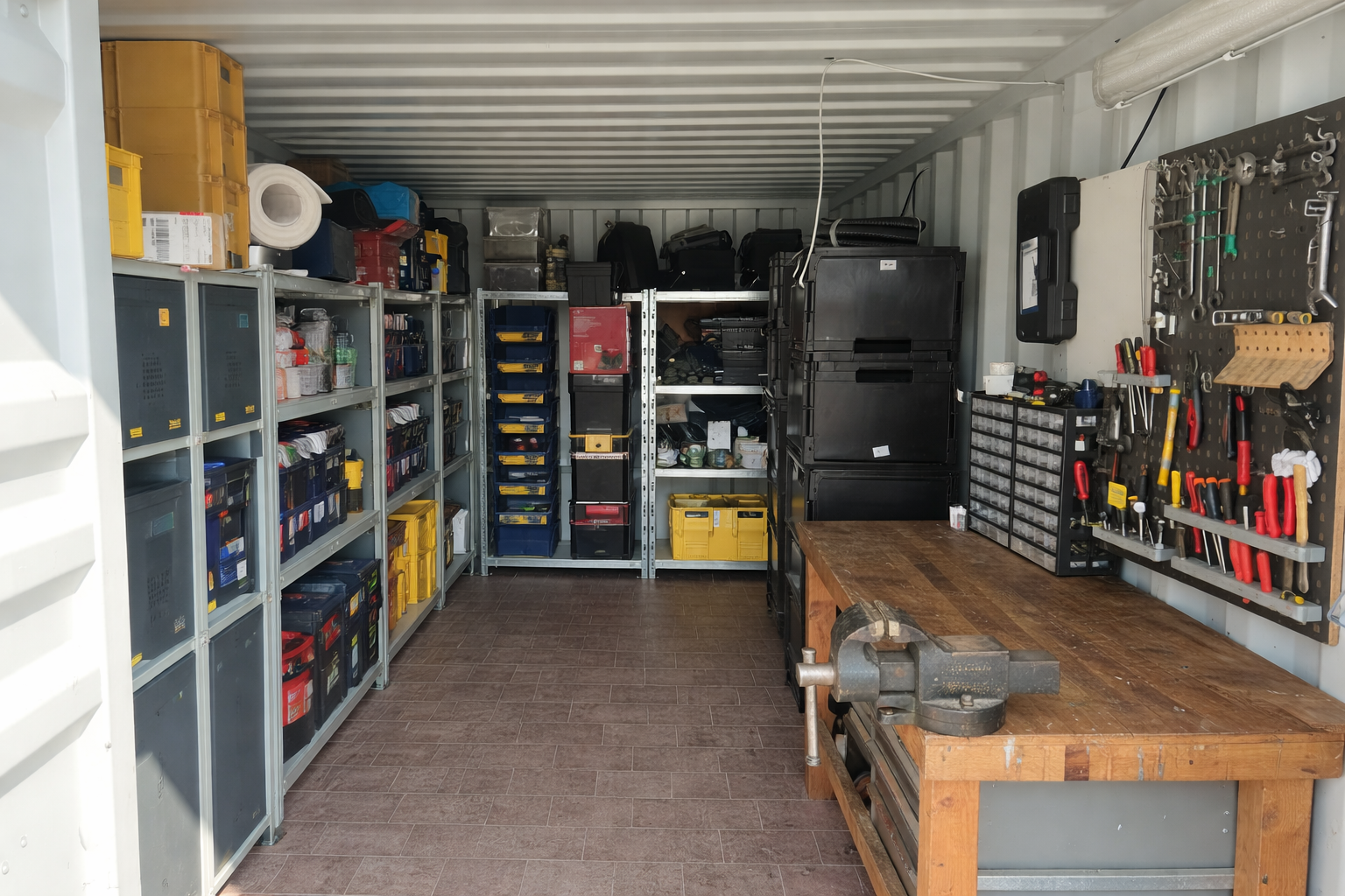 Werkstatt im Container mit Schraubstock